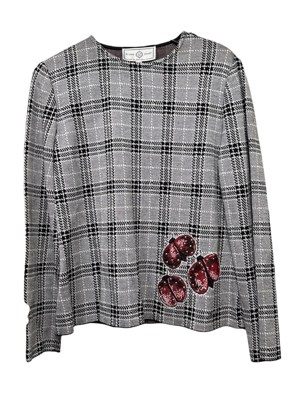 St. John Sport Plaid Long Sleeve Top with Red Sequin Patches